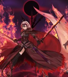 Rule 34 | 1girl, absurdres, ahoge, armor, armored dress, black cape, black thighhighs, breasts, cape, fate/grand order, fate (series), fire, flaming sword, flaming weapon, fur-trimmed cape, fur trim, grey hair, headpiece, highres, jeanne d&#039;arc alter (fate), large breasts, misto (nnvy3472), polearm, sheath, solo, spread legs, standard bearer, sword, thighhighs, thighs, weapon, wide spread legs, yellow eyes