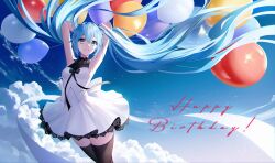 Rule 34 | 1girl, absurdres, arms up, balloon, black bow, black thighhighs, blue eyes, blue hair, blue sky, bow, chungla, cloud, cloudy sky, dress, floating hair, hair between eyes, hatsune miku, highres, long hair, looking at viewer, sky, smile, solo, teeth, thighhighs, twintails, vocaloid, white dress