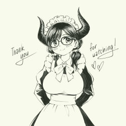 Rule 34 | 1girl, apron, arms behind back, blush, breasts, glasses, greyscale, horns, large breasts, maid, maid apron, maid headdress, marker (medium), monochrome, original, pas (paxiti), smile, solo, thank you, traditional media