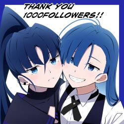 Rule 34 | 2girls, ado (utaite), ahoge, black ribbon, black sailor collar, black vest, blue border, blue eyes, blue hair, border, cheek-to-cheek, clenched teeth, closed mouth, collared shirt, commentary request, dress shirt, earclip, fang, hair over one eye, heads together, highres, long hair, looking at viewer, merry (ado), multiple girls, naima (ado), neck ribbon, nori (norinori yrl), outside border, parted bangs, ponytail, readymade (ado), ribbon, sailor collar, shirt, smile, teeth, thank you, upper body, usseewa, vest, white background, white shirt