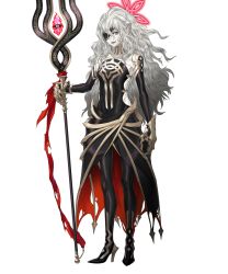 Rule 34 | 1girl, animal ears, black dress, claws, closed mouth, dress, embla (fire emblem), eyepatch, fire emblem, fire emblem heroes, full body, gold trim, grey hair, high heels, highres, holding, kozaki yuusuke, lips, long hair, long sleeves, looking at viewer, nintendo, non-web source, official art, pale skin, pointy ears, red eyes, shiny clothes, skirt, smile, solo, staff, standing, transparent background, turtleneck