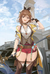Rule 34 | 1girl, :d, absurdres, arm up, atelier (series), atelier ryza, atelier ryza 3, belt, beret, black choker, black hairband, blue sky, boots, braid, breast pocket, bridge, brown belt, brown eyes, brown footwear, brown gloves, brown hair, brown vest, choker, cloud, clover hair ornament, collared shirt, commentary, crown braid, detached sleeves, earrings, gloves, hair between eyes, hair ornament, hairband, hairpin, hat, highres, holding, holding staff, holster, jacket, jewelry, leather, leather gloves, looking at viewer, multiple bracelets, multiple necklaces, open mouth, outdoors, partially fingerless gloves, pocket, quatthro, red shorts, reisalin stout, river, shirt, short hair, short shorts, shorts, single glove, sky, sleeveless, sleeveless jacket, sleeveless shirt, smile, staff, star (symbol), star choker, star earrings, teeth, thigh boots, thigh holster, thighhighs, thighhighs under boots, thighs, upper teeth only, vest, water, white headwear, white shirt, white sleeves, white thighhighs, x hair ornament, yellow jacket