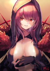 Rule 34 | 1girl, breast curtains, breasts, cu chulainn (fate), cu chulainn alter (fate), cu chulainn alter (third ascension) (fate), fate/grand order, fate (series), fur collar, gloves, gradient background, highres, hood, hood up, large breasts, long hair, looking at viewer, purple hair, red eyes, scathach (fate), shimotsuki shio, smile, spikes