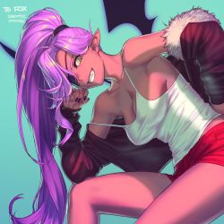 Rule 34 | 1girl, 2020, artist name, bare shoulders, bat wings, black jacket, black wings, breasts, cleavage, colored skin, commission, dark-skinned female, dark skin, dated, eyepatch, fingernails, fox (shunao), fur collar, gradient background, grin, hair intakes, hand on own hip, highres, jacket, long hair, long sleeves, medium breasts, nail polish, no bra, off shoulder, open clothes, open jacket, original, pink skin, pointy ears, ponytail, purple hair, purple nails, red shorts, sharp teeth, shirt, short shorts, shorts, sideboob, sleeves past wrists, smile, solo, strap slip, tank top, teeth, very long hair, white shirt, wings, yellow eyes, yuccoshi