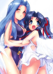 Rule 34 | 00s, 2girls, :d, air (visual novel), angel wings, ass, black hair, blue eyes, brown eyes, casual one-piece swimsuit, contemporary, kannabi no mikoto, long hair, mother and daughter, multiple girls, one-piece swimsuit, open mouth, parted lips, smile, swimsuit, twintails, wings, yaobikuni, yaobikuni (air), zen