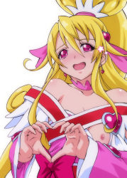 Rule 34 | 1girl, :d, aida mana, bare shoulders, blonde hair, blush, bow, brooch, cure heart, dokidoki! precure, earrings, ero koutei, flat chest, heart, heart brooch, heart hands, highres, jewelry, long hair, nipples, off shoulder, open mouth, pink bow, pink eyes, precure, simple background, smile, solo, star (symbol), tears, white background