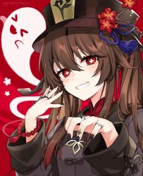 Rule 34 | 1girl, absurdres, black coat, black headwear, black nails, blush, brown hair, chinese clothes, coat, commentary request, fingernails, flower, flower-shaped pupils, genshin impact, ghost, grin, hair between eyes, hat, hat flower, highres, hu tao (genshin impact), jewelry, long hair, looking at viewer, memeno, nail polish, plum blossoms, porkpie hat, red background, red eyes, red flower, ring, smile, symbol-shaped pupils, tassel, teeth, twintails, twitter username, upper body, wide sleeves