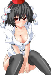 Rule 34 | 1girl, black hair, black thighhighs, blush, bottomless, breasts, cleavage, covering privates, covering crotch, female focus, hat, hat ribbon, kasuka, large breasts, looking at viewer, no panties, no pants, red eyes, ribbon, shameimaru aya, shirt, short hair, sitting, smile, solo, thighhighs, touhou, v arms