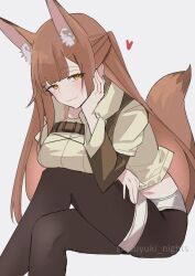 Rule 34 | 1girl, animal ear fluff, animal ears, arknights, artist name, black pantyhose, blunt bangs, blush, breasts, brown eyes, brown hair, brown shirt, buckle, chest strap, closed mouth, collared jacket, commentary request, cropped jacket, crossed legs, feet out of frame, fox ears, fox girl, fox tail, franka (arknights), franka (rainforest me rainbow) (arknights), from side, half-closed eyes, half updo, hand on own cheek, hand on own face, hand on own thigh, head tilt, highres, jacket, large breasts, leather strap, long hair, long sleeves, looking at viewer, naughty face, official alternate costume, pantyhose, parted bangs, shirt, short shorts, short sleeves, shorts, sidelocks, simple background, smile, solo, tail, tsuyuki yuki, twitter username, watermark, white background, yellow jacket