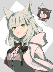 Rule 34 | 2girls, :p, angry, animal ear fluff, animal ears, arknights, black bow, black bowtie, blush, border, bow, bowtie, breasts, brown dress, brown hair, buttons, cat ears, cat girl, chibi, chibi inset, commentary request, cropped torso, dress, green eyes, green hair, grey background, grey vest, harmonie (arknights), hood, hooded jacket, husui parashi, jacket, light blush, looking at viewer, mandragora (arknights), medium breasts, multiple girls, open mouth, purple eyes, shirt, short hair, simple background, tongue, tongue out, twitter username, vest, white background, white jacket, white shirt