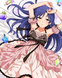 Rule 34 | 1girl, armpits, arms up, bare shoulders, bed sheet, blue hair, blush, bottle, bracelet, brown eyes, collarbone, cowboy shot, detached sleeves, dot nose, embarrassed, eyelashes, flat chest, floral print, forehead, frilled negligee, frills, halterneck, idolmaster, idolmaster (classic), idolmaster million live!, idolmaster million live! theater days, jewelry, kisaragi chihaya, layered nightgown, long hair, looking to the side, lying, messy hair, official alternate costume, official art, on back, parted bangs, parted lips, perfume bottle, pink negligee, puffy detached sleeves, puffy sleeves, ribbon-trimmed sleeves, ribbon trim, rose print, sexy beautiful (idolmaster), shy, sidelocks, solo, straight hair