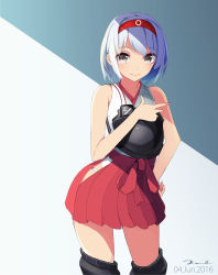 Rule 34 | 10s, 1girl, 2016, adapted costume, alternate hair length, alternate hairstyle, bare shoulders, dated, highres, japanese clothes, kantai collection, looking at viewer, onmyouji, pleated skirt, red skirt, shirt, short hair, shoukaku (kancolle), skirt, sleeveless, sleeveless shirt, smile, solo, tebi (tbd11), thighhighs, v, white hair, yellow eyes, zettai ryouiki