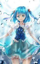Rule 34 | 1girl, :d, backlighting, bad id, bad pixiv id, blue eyes, blue hair, blue skirt, blush, bubble, corset, cowboy shot, floating hair, frilled skirt, frills, hair bobbles, hair ornament, highres, kawashiro nitori, long hair, looking at viewer, open mouth, see-through, shironeko yuuki, shirt hold, short sleeves, skirt, smile, solo, thighs, touhou, twintails, two side up, underwater