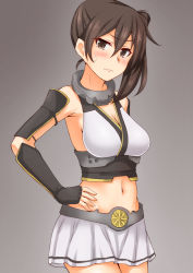 Rule 34 | 1girl, anti (untea9), blush, breasts, brown eyes, brown hair, cosplay, elbow gloves, fingerless gloves, gloves, gradient background, hair between eyes, headgear, highres, kaga (kancolle), kantai collection, large breasts, long hair, looking at viewer, midriff, nagato (kancolle), nagato (kancolle) (cosplay), navel, pleated skirt, side ponytail, skirt, solo