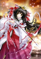Rule 34 | 1girl, :d, absurdres, arrow (projectile), black hair, bow (weapon), brown eyes, crown, dress, frilled kimono, frills, hair ornament, highres, huge filesize, japanese clothes, jewelry, kimizuka aoi, kimono, long hair, magatama, miko, necklace, nontraditional miko, open mouth, original, petals, ribbon-trimmed sleeves, ribbon trim, scan, smile, solo, sun, weapon