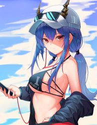 Rule 34 | 1girl, absurdres, aoria, arknights, bare shoulders, baseball cap, bikini, black bikini, black jacket, blue hair, breasts, ch&#039;en (arknights), ch&#039;en the holungday (arknights), closed mouth, dragon horns, earphones, expressionless, eyewear on headwear, halterneck, hat, highres, holding, horns, horns through headwear, jacket, long hair, looking at viewer, low twintails, medium breasts, multi-strapped bikini, off shoulder, official alternate costume, open clothes, open jacket, phone, red eyes, sidelocks, solo, stomach, string bikini, sunglasses, swimsuit, twintails, underboob, upper body, white hat