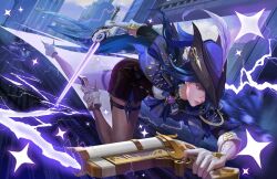 Rule 34 | 1girl, blue hair, clorinde (genshin impact), genshin impact, gun, sword, weapon, yagaminoue