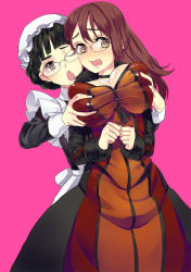 Rule 34 | 10s, 2girls, apron, bespectacled, black hair, grabbing another&#039;s breast, breasts, brown eyes, brown hair, furon (froon), glasses, grabbing, highres, maid, maid-chou (maoyuu), maid apron, maou (maoyuu), maoyuu maou yuusha, multiple girls, yuri