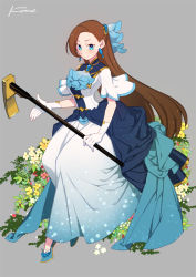 Rule 34 | 1girl, artist name, ascot, blue ascot, blue bow, blue dress, blue eyes, blue footwear, bow, brooch, brown hair, closed mouth, commentary, dress, earrings, female focus, flower, full body, gloves, grey background, hair bow, hair ornament, high collar, high heels, hoe, holding, jewelry, katarina claes, kome (vm500), long dress, long hair, looking at viewer, otome game no hametsu flag shika nai akuyaku reijou ni tensei shite shimatta, short sleeves, signature, simple background, sitting, smile, solo, white gloves