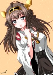 Rule 34 | &gt;:3, 10s, 1girl, :3, bad id, bad pixiv id, bare shoulders, black eyes, blush, brown hair, detached sleeves, double bun, finger to mouth, haru-yua, kantai collection, kongou (kancolle), long hair, nontraditional miko, personification, pleated skirt, ribbon-trimmed sleeves, ribbon trim, skirt, smile, solo, v-shaped eyebrows, yua (checkmate)