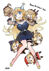 Rule 34 | black dress, blonde hair, blue eyes, breasts, bubba (watson amelia), chinese commentary, commentary request, dress, earrings, english text, full body, gold footwear, grin, hat, high heels, highres, hololive, hololive english, holster, jewelry, laaaw444, large breasts, long hair, looking at viewer, multiple persona, official alternate hair length, official alternate hairstyle, party hat, pumps, see-through, see-through dress, short dress, sleeveless, sleeveless dress, smile, smol ame, thigh holster, thigh strap, tiara, tilted headwear, very long hair, virtual youtuber, watson amelia, watson amelia (party dress)