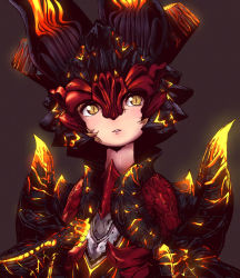 Rule 34 | 1girl, armor, blade &amp; soul, blush, brown background, commentary, english commentary, helm, helmet, highres, kukie-nyan, looking at viewer, lyn (blade &amp; soul), parted lips, simple background, slit pupils, solo, upper body, yellow eyes