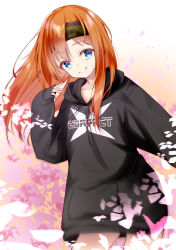 Rule 34 | 1girl, absurdres, bandana, black shirt, blue eyes, brown hair, flower, highres, irodori mayoi, long hair, looking at viewer, military, open mouth, rascala39, shirt, shrims, simple background, smile, solo, standing, straight hair, virtual youtuber