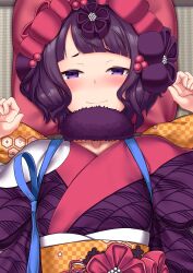 Rule 34 | 1girl, absurdres, blue eyes, blush, breasts, collarbone, fate/grand order, fate (series), fur collar, hair ornament, hairpin, highres, hitotsuki nebura, japanese clothes, katsushika hokusai (fate), kimono, large breasts, long sleeves, looking at viewer, lying, on back, purple hair, purple kimono, red kimono, sash, short hair, smile, solo, textless version, wide sleeves
