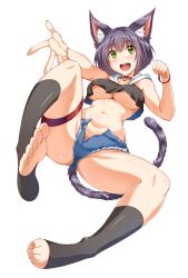 Rule 34 | 1girl, :d, absurdres, animal ear fluff, animal ears, bell, black socks, blue shorts, blush, breasts, cat ears, cat tail, crop top, feet, full body, green eyes, highres, large breasts, leaning back, medium hair, micro shorts, navel, neck bell, nekoi hikaru, no shoes, open fly, open mouth, original, partially visible vulva, shorts, simple background, smile, socks, solo, tail, teeth, thigh strap, thighs, toeless legwear, toenails, toes, underboob, upper teeth only, white background