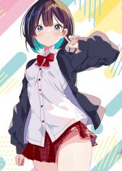Rule 34 | 1girl, black jacket, blue eyes, bow, bowtie, breasts, buttons, closed mouth, cowboy shot, hair between eyes, highres, jacket, long sleeves, looking at viewer, multicolored background, open clothes, open jacket, original, plaid, plaid skirt, red bow, red bowtie, red skirt, sakura mikan (chirizakura), shirt, short hair, skirt, small breasts, solo, standing, thighs, white shirt