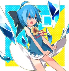 Rule 34 | 1girl, ahoge, akimaki yuu, bare arms, bare legs, blue bow, blue dress, blue eyes, blue hair, bow, character name, cirno, dress, hair bow, highres, ice, ice wings, open mouth, short hair, solo, tan, tanline, tanned cirno, touhou, wings