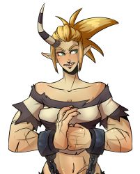 Rule 34 | 1girl, absurdres, bare shoulders, blouse, breasts, cracking knuckles, crop top, cuffs, giant, giantess, green eyes, highres, horns, long hair, narrow waist, off-shoulder shirt, off shoulder, opera ghost, pointy ears, ponytail, prison clothes, scar, scythana (skullgirls), shackles, sharp teeth, shirt, single horn, skullgirls, solo, striped clothes, striped shirt, teeth, transparent background