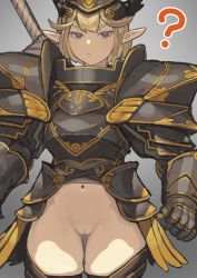 Rule 34 | 1girl, ?, armor, black armor, black thighhighs, blonde hair, blue eyes, bottomless, breastplate, brown pubic hair, censored, closed mouth, elf, eyelashes, gauntlets, gluteal fold, greaves, grey background, grey pupils, hamama2, helmet, highres, knight, long eyelashes, looking at viewer, mosaic censoring, navel, original, outline, pauldrons, pointy ears, pussy, short hair, shoulder armor, simple background, skindentation, solo, sword, thigh gap, thighhighs, vambraces, weapon, weapon on back, white outline