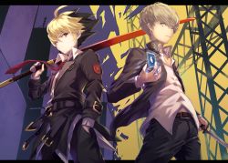 Rule 34 | 2boys, belt, black jacket, blazblue, blazblue: cross tag battle, buttons, card, collared shirt, dress shirt, dyed bangs, frown, grey eyes, grey hair, hand up, highres, holding, holding sword, holding weapon, kido hyde, jacket, katana, long sleeves, male focus, multicolored hair, multiple boys, narukami yuu, necktie, online neet, open clothes, open jacket, over shoulder, persona, persona 4, persona 4: the ultimate in mayonaka arena, red eyes, school uniform, serious, shirt, short hair, simple background, sword, two-tone background, two-tone hair, under night in-birth, weapon, weapon over shoulder, white shirt, yasogami school uniform