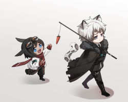 Rule 34 | 2boys, :d, :t, animal ear fluff, animal ears, arknights, armband, black cape, black footwear, black gloves, black hair, black jacket, black neckwear, black pants, blue eyes, boots, cape, carrot, chibi, chinese commentary, commentary request, courier (arknights), deer ears, fingerless gloves, full body, fur-trimmed cape, fur trim, gloves, goggles, goggles on head, grey background, grey eyes, grey hair, hand up, holding, jacket, leopard ears, leopard tail, long sleeves, male focus, multicolored hair, multiple boys, necktie, open mouth, pants, qingjian, red gloves, red scarf, scarf, shadow, silverash (arknights), simple background, smile, tail, walking, white jacket