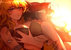 Rule 34 | 2girls, black hair, blake belladonna, blonde hair, grabbing another&#039;s breast, breasts, cherry in the sun, cleavage, closed eyes, grabbing, hug, large breasts, long hair, lying, mechanical arms, midriff, multiple girls, on back, on side, prosthesis, prosthetic arm, purple eyes, rwby, single mechanical arm, smile, spoilers, tank top, topless, yang xiao long, yuri