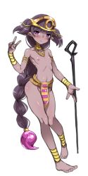 Rule 34 | 1girl, absurdres, anklet, armlet, bare legs, barefoot, blunt bangs, blush, bracer, braid, breasts, brown hair, c:, closed mouth, collarbone, commentary request, crown, dark-skinned female, dark skin, egyptian, egyptian clothes, full body, gold trim, hand up, harigane shinshi, head tilt, highres, holding, holding scepter, jewelry, loincloth, long hair, looking at viewer, navel, neck ring, necklace, nipples, original, pointy ears, purple eyes, scepter, shiny skin, simple background, single braid, small breasts, smile, solo, standing, stomach, topless, two side up, v, very long hair, white background