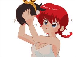 Rule 34 | 1girl, animal, blue eyes, braid, braided ponytail, breasts, highres, holding, looking at another, open mouth, p-chan, pig, ranma-chan, ranma 1/2, red hair, sanamaru (sana79261827), saotome ranma, shirt, simple background, size difference, white background, white shirt