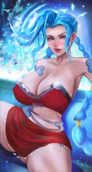 Rule 34 | 1girl, absurdres, alternate breast size, alternate costume, animal, asymmetrical bangs, bad id, bad pixiv id, bird, blue hair, blurry, blurry background, blushed arts, braid, breasts, cleavage, closed mouth, collarbone, commentary, covered erect nipples, freckles, highres, huge breasts, jinx (league of legends), large breasts, league of legends, leg tattoo, long hair, patreon logo, pink eyes, red skirt, shoulder tattoo, sitting, skirt, smile, solo, spread legs, tattoo, thighs, twin braids