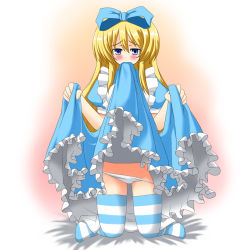 Rule 34 | 1girl, alice (alice in wonderland), alice in wonderland, blonde hair, blue eyes, blush, bow, clothes in mouth, clothes lift, hair bow, highres, iwanori, kneeling, long hair, looking at viewer, mouth hold, panties, skirt, skirt in mouth, skirt lift, solo, striped clothes, striped thighhighs, thighhighs, underwear, upskirt, white panties