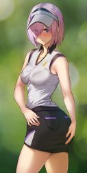 Rule 34 | 1girl, alternate costume, armpit crease, ass, bare shoulders, black skirt, blush, bra, bra visible through clothes, breasts, collarbone, collared shirt, cowboy shot, eyes visible through hair, fate/grand order, fate (series), from behind, golf club, hair over one eye, hand on own ass, hat, highres, lace, lace-trimmed bra, lace trim, logo, looking at viewer, looking back, mash kyrielight, medium breasts, one eye covered, outdoors, parted lips, pocket, purple hair, see-through, see-through shirt, shirt, shirt tucked in, short hair, skirt, sleeveless, solar (happymonk), solo, thighs, underwear, visor, visor cap, white hat, white shirt