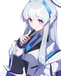 Rule 34 | 1girl, blue archive, blue necktie, book, collared shirt, formal, grey hair, hair between eyes, halo, headphones, highres, holding, holding book, jacket, karasuri, long hair, looking at viewer, mechanical halo, necktie, noa (blue archive), open book, open clothes, open jacket, pencil, purple eyes, shirt, simple background, smile, solo, suit, white background, white jacket, white suit