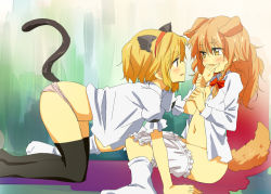 Rule 34 | 2girls, alice margatroid, all fours, animal ears, black legwear, blonde hair, bloomers, bloomers pull, blush, bow, braid, cat ears, cat girl, cat tail, dog ears, dog tail, ema20, eye contact, female focus, finger in another&#039;s mouth, finger sucking, flat chest, hair bow, kemonomimi mode, kirisame marisa, long hair, looking at another, multiple girls, navel, no headwear, no pants, open clothes, open shirt, orange hair, panties, pink panties, shirt, short hair, single braid, socks, tail, thighhighs, thighs, touhou, underwear, white legwear, yellow eyes, yuri