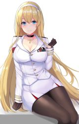 Rule 34 | 1girl, arm support, armband, azur lane, black bra, black gloves, blonde hair, blue eyes, blush, bra, breasts, choker, cleavage, closed mouth, collarbone, commentary request, cross, cross choker, frilled bra, frills, gloves, hairband, highres, jacket, large breasts, long hair, long sleeves, looking at viewer, military, military uniform, miniskirt, north carolina (azur lane), pantyhose, pencil skirt, sitting, skirt, smile, sogaya, solo, thighs, underwear, uniform, very long hair, white jacket, white skirt
