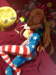 Rule 34 | 1girl, absurdres, american flag dress, american flag legwear, ass, bad anatomy, blonde hair, breasts, clownpiece, dress, covered erect nipples, closed eyes, hat, highres, impossible clothes, jester cap, long hair, lying, microdress, nyogorajima, on bed, on side, pantyhose, short sleeves, skin tight, sleeping, small breasts, solo, touhou, very long hair