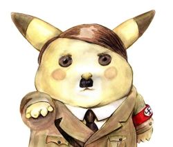 Rule 34 | adolf hitler, armband, clothed pokemon, cosplay, costume, creatures (company), crossover, facial hair, fusion, game freak, gen 1 pokemon, ichiko (vein), lowres, mustache, nazi, necktie, nintendo, no humans, parody, pikachu, pokemon, pokemon (creature), real life, real life insert, salute, simple background, solo, straight-arm salute, swastika, toothbrush mustache, what, white background