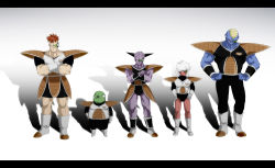 Rule 34 | 5boys, armor, blue skin, boots, brown hair, burter, captain ginyu, colored skin, crossed arms, dragon ball, dragonball z, ghost in the shell lineup, ginyu force, gloves, green skin, guldo, hands on own hips, jeice, letterboxed, lineup, long hair, looking at viewer, looking down, looking up, male focus, multiple boys, purple skin, recoome, red eyes, red skin, scouter, shadow, smile, tansan otoko, white hair, wristband