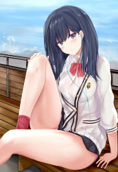 Rule 34 | 1girl, absurdres, arm support, bare legs, black hair, black skirt, blue eyes, blush, bow, bowtie, breasts, cardigan, collared shirt, earbuds, earphones, gridman (ssss), gridman universe, hand on own knee, highres, long hair, long sleeves, looking at viewer, medium breasts, open clothes, open shirt, pleated skirt, red bow, red bowtie, red socks, ru zhai, school uniform, shirt, sitting, skirt, socks, solo, ssss.gridman, straight hair, sweater, takarada rikka, thick thighs, thighs, white cardigan, white shirt, white sweater, wing collar