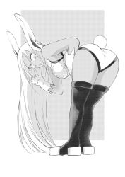 Rule 34 | 1girl, animal ears, ass, bare shoulders, boku no hero academia, breasts, dark-skinned female, dark skin, from behind, full body, fur collar, gloves, greyscale, heattech leotard, highres, long hair, looking at viewer, looking back, mirko, monochrome, nstime23, rabbit ears, rabbit girl, rabbit tail, solo, standing, tail, thighhighs, turtleneck, v, very long hair