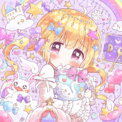 Rule 34 | 1girl, :t, ahoge, balloon, blonde hair, blue bow, bow, closed mouth, diary, flower, frilled bow, frilled pillow, frilled sleeves, frills, hair bow, hair ribbon, heart, holding, holding pillow, key, long sleeves, neko satou, original, pillow, pink bow, pink eyes, purple ribbon, rainbow, ribbon, solo, star (symbol), tearing up, twintails, white ribbon, yume kawaii